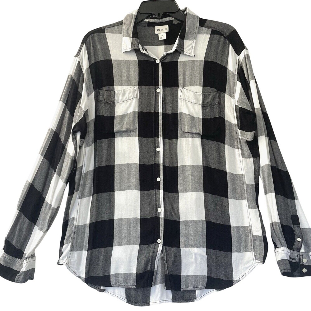 Stylus Plaid Button Down Shirt Womens XL Black‎ White Rayon Buffalo Check